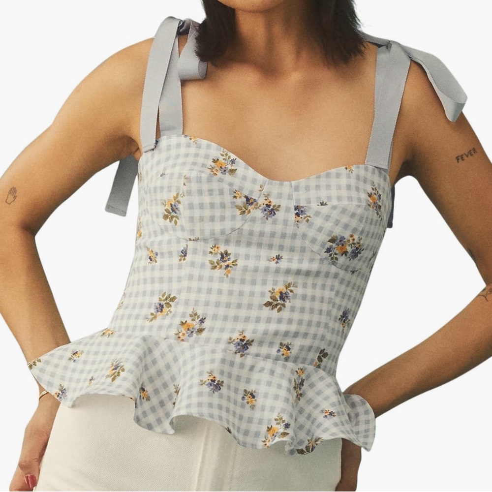 Reformation Kassi Blue Gingham Tie Shoulder Top